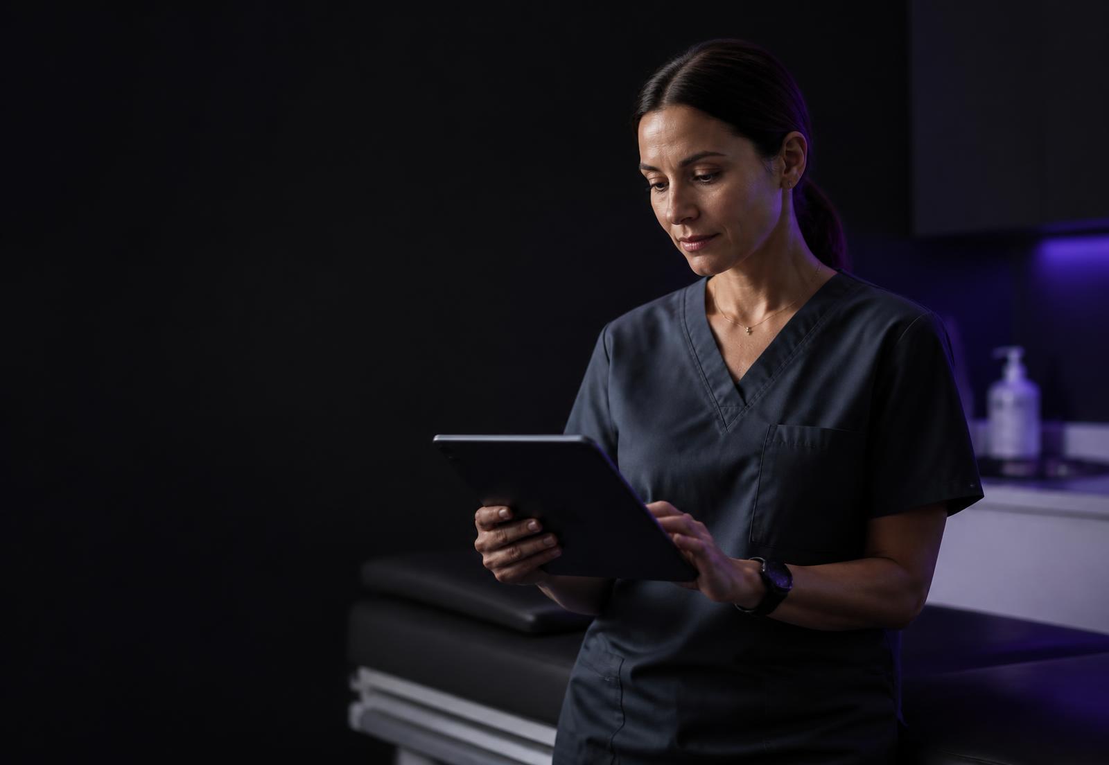 A clinician reviewing diagnostic results on a tablet